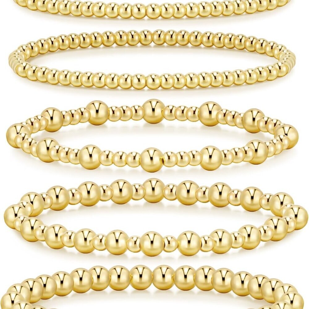 Gold Bracelets for Women Waterproof, 14K Gold Plated Beaded Strand Bead Ball Bra